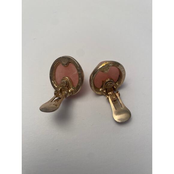 Vintage KRAMER Pink Marble Glass Clip On Earrings Silver Tone Signed - Picture 6 of 8